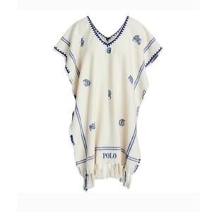 Polo Ralph Lauren NWT Women's Cotton Woven Tabard Poncho Cream Blue- One Size